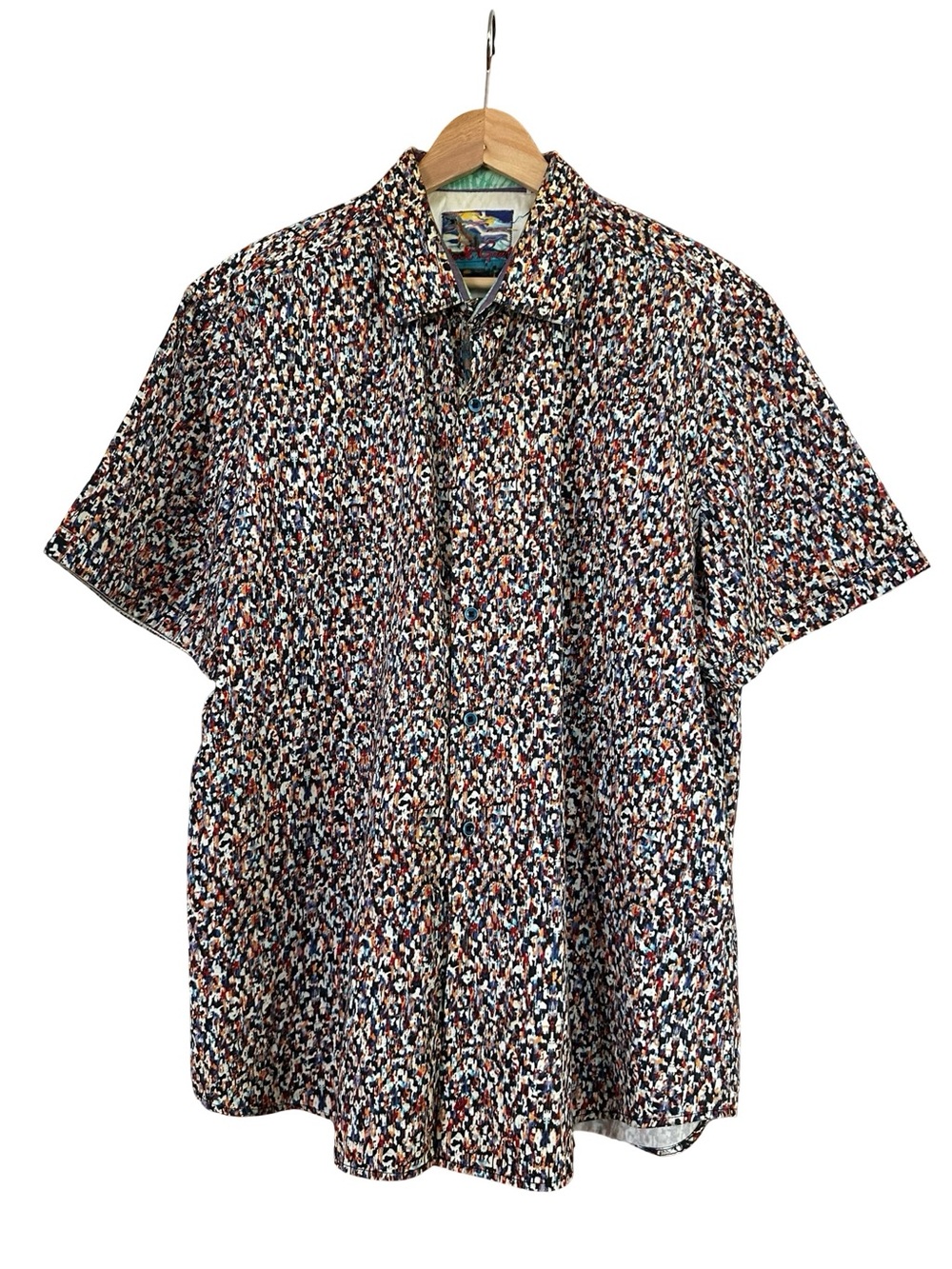 Robert Graham Short-Sleeve Button-Down in Black, White, Blue & Orange Speckle